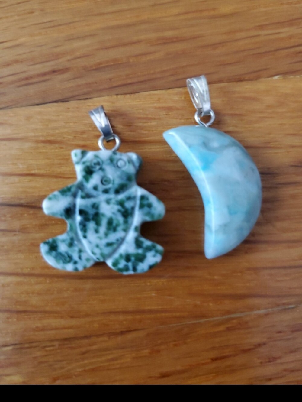 Handcrafted Lrimar Green & Light Blue Stone Turtle and Moon Pendants